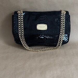 Michael Kors Black Snake Embossed Leather Sloan Flap Chain Shoulder Bag